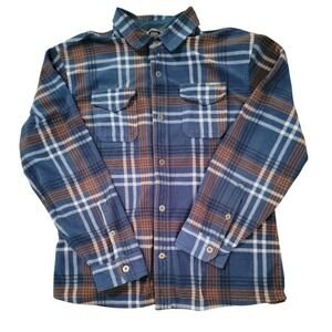 Eddie Bauer Y2K Mens L Plaid Flannel Shirt Blue Brown Long Sleeve Button Up Warm